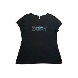 Chris's Stuff Womens XXL Black Age Gets Better With Wine Rhinestone V-Neck Tee